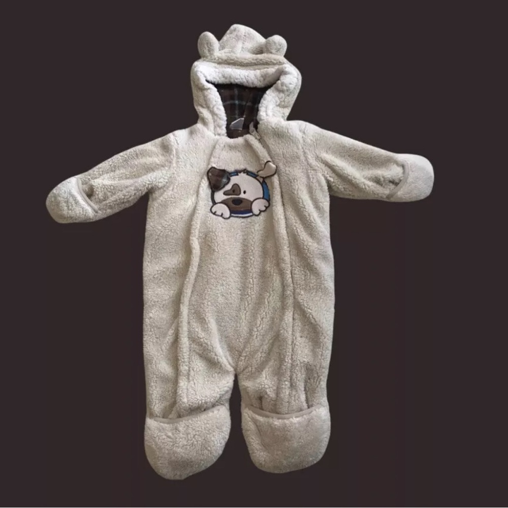 QT Baby Faux Fur Puffer One Piece Footie Full Zipper Hooded Bear Ears Beige 12m